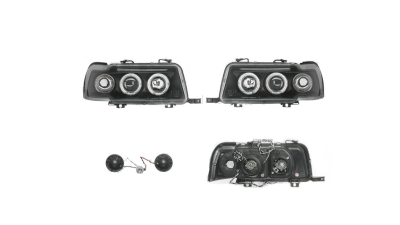 Set faruri tuning AUDI 80 (B4), 09.1991-12.1996, Taiwan, partea stanga+dreapta, cu lumina parcare fibra optica;tip bec H1+H1; manual/electric; negru, transparent; fara motor;