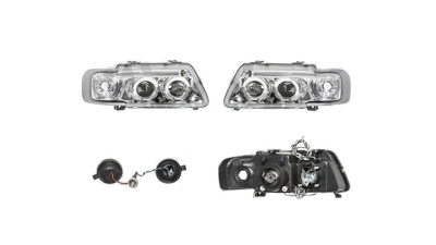 Set faruri Audi A3 (8l), 01.1996-04.2003, partea Stanga+Dreapta, Tuning, Fata, tip bec H1+H1; manual; transparent, argintiu; tuning, Taiwan