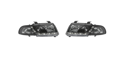 Set faruri tuning AUDI A4 (B5), 11.1994-12.1998, fata, partea stanga+dreapta, Taiwan, cu lumina de parcare LED; H1+H1; manual; negru, transparent; halogen