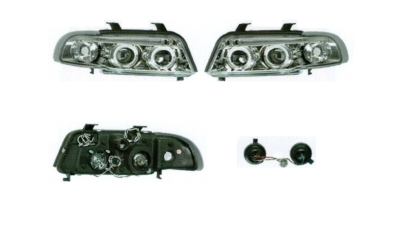 Set faruri Audi A4 (B5), 11.1994-12.1998, partea Stanga+Dreapta, Tuning, Fata, cu lumina parcare fibra optica; tip bec H1+H1; manual/electric; transparent, argintiu; fara motor; tuning, Taiwan
