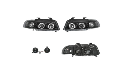 Set faruri tuning AUDI A4 (B5), 11.1994-12.1998, Taiwan, partea stanga+dreapta, cu lumina parcare fibra optica;tip bec H1+H1; manual/electric; negru, transparent; fara motor;