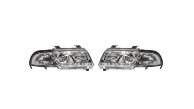 Set faruri tuning AUDI A4 (B5), 01.1999-09.2001, fata, partea stanga+dreapta, Taiwan, cu lumina de parcare LED; H1+H1; manual/electric; transparent, argintiu; fara motor; halogen