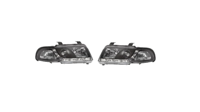 Set faruri tuning AUDI A4 (B5), 01.1999-09.2001, fata, partea stanga+dreapta, Taiwan, cu lumina de parcare LED; H1+H1; manual/electric; negru, transparent; fara motor; halogen
