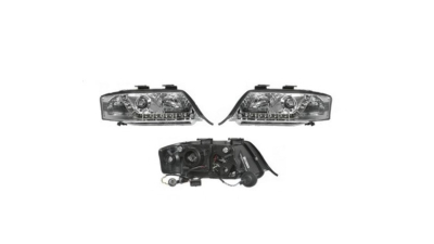 Set faruri Audi A6 (C5), 05.1997-05.2001, partea Stanga+Dreapta, Tuning, Fata, cu lumina de parcare LED; tip bec H1+H1; manual/electric; transparent, argintiu; fara motor; tuning, Taiwan