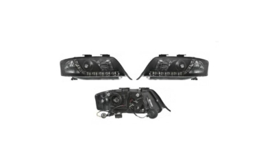 Set faruri Audi A6 (C5), 05.1997-05.2001, partea Stanga+Dreapta, Tuning, Fata, cu lumina de parcare LED; tip bec H1+H1; manual/electric; negru, transparent; fara motor; tuning, Taiwan