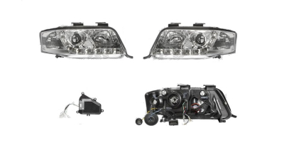 Set faruri Audi A6 (C5), 06.2001-01.2005, partea Stanga+Dreapta, Tuning, Fata, cu lumina de parcare LED; tip bec H1+H1; manual/electric; transparent, argintiu; fara motor; tuning, Taiwan
