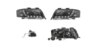 Set faruri Audi A6 (C5), 06.2001-01.2005, partea Stanga+Dreapta, Tuning, Fata, cu lumina de parcare LED; tip bec H1+H1; manual/electric; negru, transparent; fara motor; tuning, Taiwan