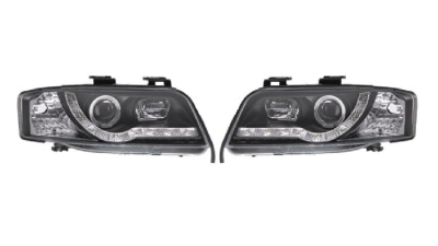 Set faruri Audi A6 (C5), 06.2001-01.2005, partea Stanga+Dreapta, Tuning, Fata, cu lumina de parcare LED; tip bec H1+H1; electric; negru, transparent; cu motor; tuning, Taiwan