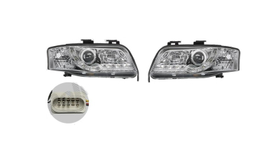 Set faruri tuning AUDI A6 (C5), 06.2001-01.2005, Taiwan, partea stanga+dreapta, pozitie pe LED;tip bec H1+H1; manual; transparent, argintiu;