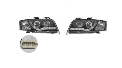 Set faruri Audi A6 (C5), 06.2001-01.2005, partea Stanga+Dreapta, Tuning, Fata, cu lumina de parcare LED; tip bec H1+H1; manual; negru, transparent; tuning, Taiwan