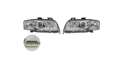 Set faruri tuning AUDI A6 (C5), 06.2001-01.2005, Taiwan, partea stanga+dreapta, pozitie pe LED;tip bec H1+H1; electric; transparent, argintiu; cu motor;