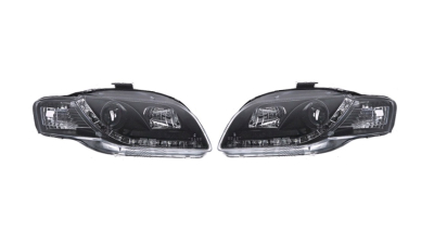Set faruri Audi A3 (8p), 05.2003-04.2008, partea Stanga+Dreapta, Tuning, Fata, cu lumina de parcare LED; H1+H7; manual/electric; negru, transparent; fara motor; tuning, Taiwan