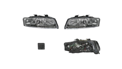 Set faruri Audi A4 (B6), 11.2000-11.2004, partea Stanga+Dreapta, Tuning, Fata, cu lumina de parcare LED; tip bec H1+H1; manual/electric; transparent, argintiu; fara motor; tuning, Taiwan