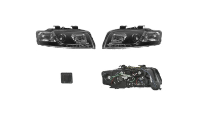Set faruri Audi A4 (B6), 11.2000-11.2004, partea Stanga+Dreapta, Tuning, Fata, cu lumina de parcare LED; tip bec H1+H1; manual/electric; negru, transparent; fara motor; tuning, Taiwan