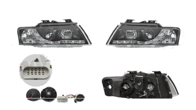 Set faruri Audi A4 (B6), 11.2000-11.2004, Cabrio, partea Stanga+Dreapta, Tuning, Fata, cu lumina de parcare LED; tip bec H1+H1; manual; negru, transparent; tuning, Taiwan