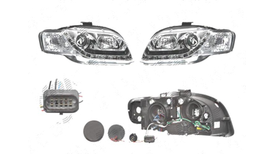 Set faruri Audi A4 (B7), 11.2004-03.2008, fata, Stanga+Dreapta, cu LED-uri pozitie; H1+H7; manual; transparent, silver; tuning;