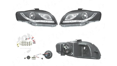 Set faruri Audi A4 (B7), 11.2004-03.2008, fata, Stanga+Dreapta, cu LED-uri pozitie; H9; electric; negru, transparent; cu motor; tuning;