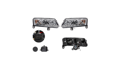 Set faruri Audi A6 (C6), 05.2004-10.2008, fata, Stanga+Dreapta, cu daytime running light; H1+H7; manual/electric; transparent, silver; fara motoras; tuning, Taiwan