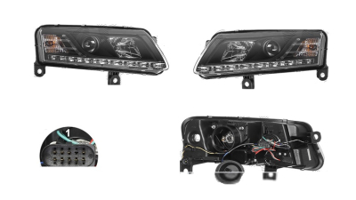 Set faruri Audi A6 (C6), 05.2004-10.2008, partea Stanga+Dreapta, Tuning, Fata, cu lumina de zi; H1+H7+LED; manual/electric; negru, transparent; fara motor; cu becuri; tuning, Taiwan