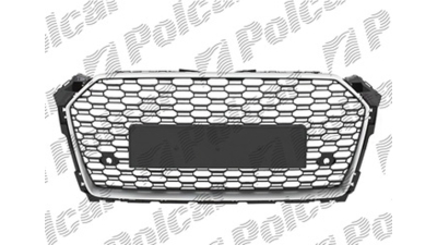 Grila masca fata AUDI A5, 06.2016-,cu 2 gauri pentru Senzori de parcare (PDC); cromat, Negru stralucitor; fara emblema