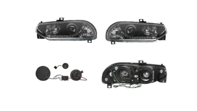 Set faruri Alfa Romeo 156 (932), 11.1997-08.2003, partea Stanga+Dreapta, Tuning, Fata, cu lumina de parcare LED; tip bec H1+H1; manual/electric; negru, transparent; fara motor; tuning, Taiwan
