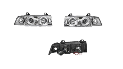 Set faruri tuning BMW Seria 3 (E36), 12.1990-03.2000, model Cabrio/Coupe, Taiwan, partea stanga+dreapta, cu lumina parcare fibra optica;tip bec H1+H1; manual/electric; transparent, argintiu; fara motor;