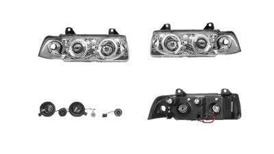 Set faruri tuning BMW Seria 3 (E36), 12.1990-03.2000, model SEDAN, Taiwan, partea stanga+dreapta, cu lumina parcare fibra optica;tip bec H1+H1; manual/electric; transparent, argintiu; fara motor;
