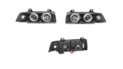 Set faruri tuning BMW Seria 3 (E36), 12.1990-03.2000, model SEDAN, Taiwan, partea stanga+dreapta, cu lumina parcare fibra optica;tip bec H1+H1; manual/electric; negru, transparent; fara motor;
