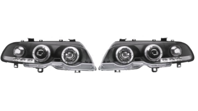 Set faruri Bmw Seria 3 (E46), Coupe/Cabrio, 05.1999-06.2001, partea Stanga+Dreapta, Tuning, Fata, cu lumina parcare fibra optica; tip bec H1+H1; manual; negru, transparent; tuning, Taiwan