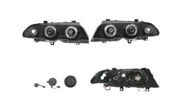 Set faruri tuning BMW Seria 3 (E46), Sedan/Combi, 06.1998-09.2001, model COMBI, SEDAN, Taiwan, partea stanga+dreapta, cu lumina parcare fibra optica;tip bec H1+H1; manual; negru, transparent;