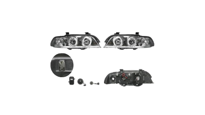 Set faruri Bmw Seria 5 (E39), 01.1996-06.2004, partea Stanga+Dreapta, Tuning, Fata, cu lumina parcare fibra optica; tip bec H1+H1; electric; transparent, argintiu; cu motor; tuning, Taiwan
