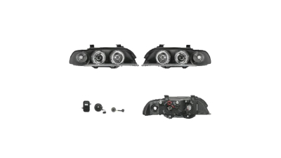 Set faruri Bmw Seria 5 (E39), 01.1996-06.2004, partea Stanga+Dreapta, Tuning, Fata, cu lumina parcare fibra optica; tip bec H1+H1; electric; negru, transparent; cu motor; tuning, Taiwan