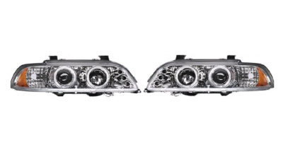 Set faruri Bmw Seria 5 (E39), 01.1996-06.2004, partea Stanga+Dreapta, Tuning, Fata, cu lumina parcare fibra optica; tip bec H1+H1; manual; transparent, argintiu; tuning, Taiwan