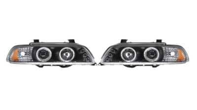 Set faruri Bmw Seria 5 (E39), 01.1996-06.2004, partea Stanga+Dreapta, Tuning, Fata, cu lumina parcare fibra optica; tip bec H1+H1; manual; negru, transparent; tuning, Taiwan