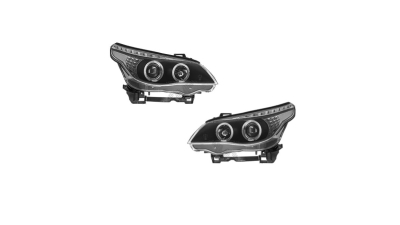 Set faruri Bmw Seria 5 (E60/E61), 06.2003-03.2007, fata, Stanga+Dreapta, cu LED indicator; H1+H1; electric; negru, transparent; cu motor; tuning;