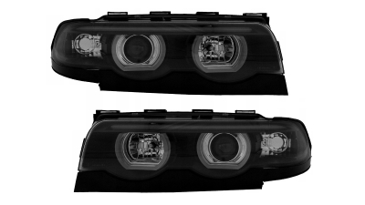 Set faruri Bmw Seria 7 (E38), 04.1994-12.2001, partea Stanga+Dreapta, Tuning, Fata, cu lentile; cu lumina parcare fibra optica; tip bec H1+H1; manual; negru, transparent; tuning, Taiwan