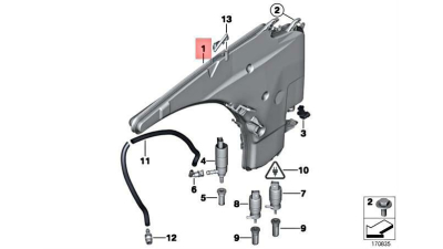 Rezervor spalator parbriz BMW Seria 1 (E82/E88), 09.2004-10.2013, Seria 3 (E90), 11.2004-06.2012, Gat de umplere cu capac,Cu senzor nivel lichid,Cu spalator faruri,cu washerpump