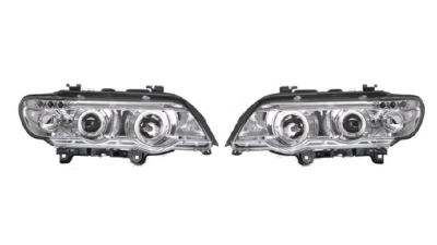 Set faruri Bmw X5 (E53), 01.1999-05.2003, partea Stanga+Dreapta, Tuning, Fata, cu lumina parcare fibra optica; tip bec H1+H1; manual/electric; transparent, argintiu; fara motor; tuning, Taiwan
