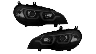 Set faruri Bmw X5 (E70), 10.2006-11.2013, partea Stanga+Dreapta, Tuning, Fata, cu lentile; cu lumina de zi; H1+H7; electric; negru, transparent; cu motor; tuning, Taiwan