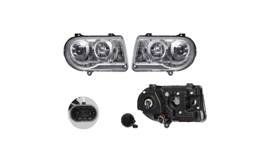 Set faruri Chrysler 300c (Lx), 09.2004-04.2011, partea Stanga+Dreapta, Tuning, Fata, cu lumina de parcare LED; Tip=USA; H1+HB4+LED+tip bec P27/7W; manual; transparent, argintiu; cu becuri; tuning; Omologare: SAE, Taiwan