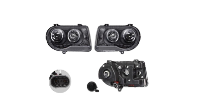 Set faruri Chrysler 300c (Lx), 09.2004-04.2011, partea Stanga+Dreapta, Tuning, Fata, cu lumina de parcare LED; Tip=USA; H1+HB4+LED+PY27/7W; manual; negru, transparent; cu becuri; tuning; Omologare: SAE, Taiwan