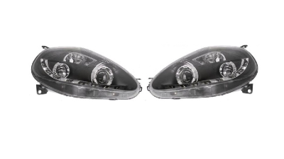 Set faruri Fiat Punto Grande (199) 09.2005-02.2012, partea Stanga+Dreapta, Tuning, Fata, cu lumina de parcare LED; tip bec H1+H1; manual; negru, transparent; tuning, Taiwan