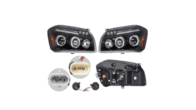 Set faruri Dodge Magnum, 01.2005-03.2008, partea Stanga+Dreapta, Tuning, Fata, Tip=USA; tip bec H1+H1+LED; manual; negru, transparent; cu becuri; tuning; Omologare: SAE, Taiwan