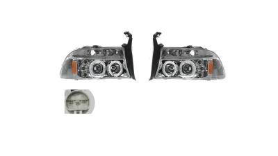 Set faruri tuning DODGE DAKOTA, 01.1997-12.2004; DURANGO, 01.1997-01.2004, Taiwan, partea stanga+dreapta, Tip=USA; H1+H3; manual; transparent, argintiu; Omologare: SAE;