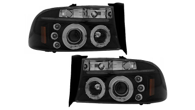 Set faruri Dodge Durango, 01.1997-01.2004, Dakota, 01.1997-12.2004, partea Stanga+Dreapta, Tuning, Fata, Lampa de parcare pe fibra optica; Tip=USA; H1+H3; manual; negru, transparent; tuning; Omologare: SAE, Taiwan