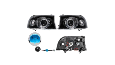 Set faruri Dodge Durango, 01.1997-01.2004, Dakota, 01.1997-12.2004, partea Stanga+Dreapta, Tuning, Fata, Lampa de parcare pe fibra optica; Tip=USA; H1+HB4; manual; negru, transparent; tuning; Omologare: SAE, Taiwan