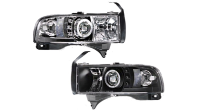 Set faruri Dodge Ram, 01.1994-12.2001, partea Stanga+Dreapta, Tuning, Fata, Lampa de parcare pe fibra optica; tip bec H1+H1; manual; transparent, argintiu; tuning; Omologare: SAE, Taiwan