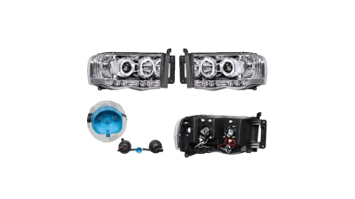 Set faruri Dodge Ram, 01.2002-01.2006, partea Stanga+Dreapta, Tuning, Fata, Lampa de parcare pe fibra optica; Tip=USA; tip bec H1+H1; manual; transparent, argintiu; tuning; Omologare: SAE, Taiwan