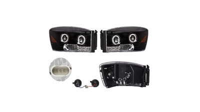 Set faruri Dodge Ram, 01.2006-08.2008, partea Stanga+Dreapta, Tuning, Fata, Tip=USA; tip bec H1+H1+LED; manual; negru, transparent; cu cablaj; cu becuri; tuning; Omologare: SAE, Taiwan