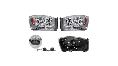 Set faruri Dodge Ram, 01.2006-08.2008, partea Stanga+Dreapta, Tuning, Fata, Lampa de parcare pe fibra optica; Tip=USA; tip bec H1+H1; manual; transparent, argintiu; tuning; Omologare: SAE, Taiwan